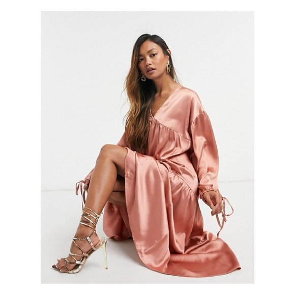 ASOS Design Dusky Rose Satin Tiered Trapeze Mini Smock Dress 2 - Picture 2 of 10